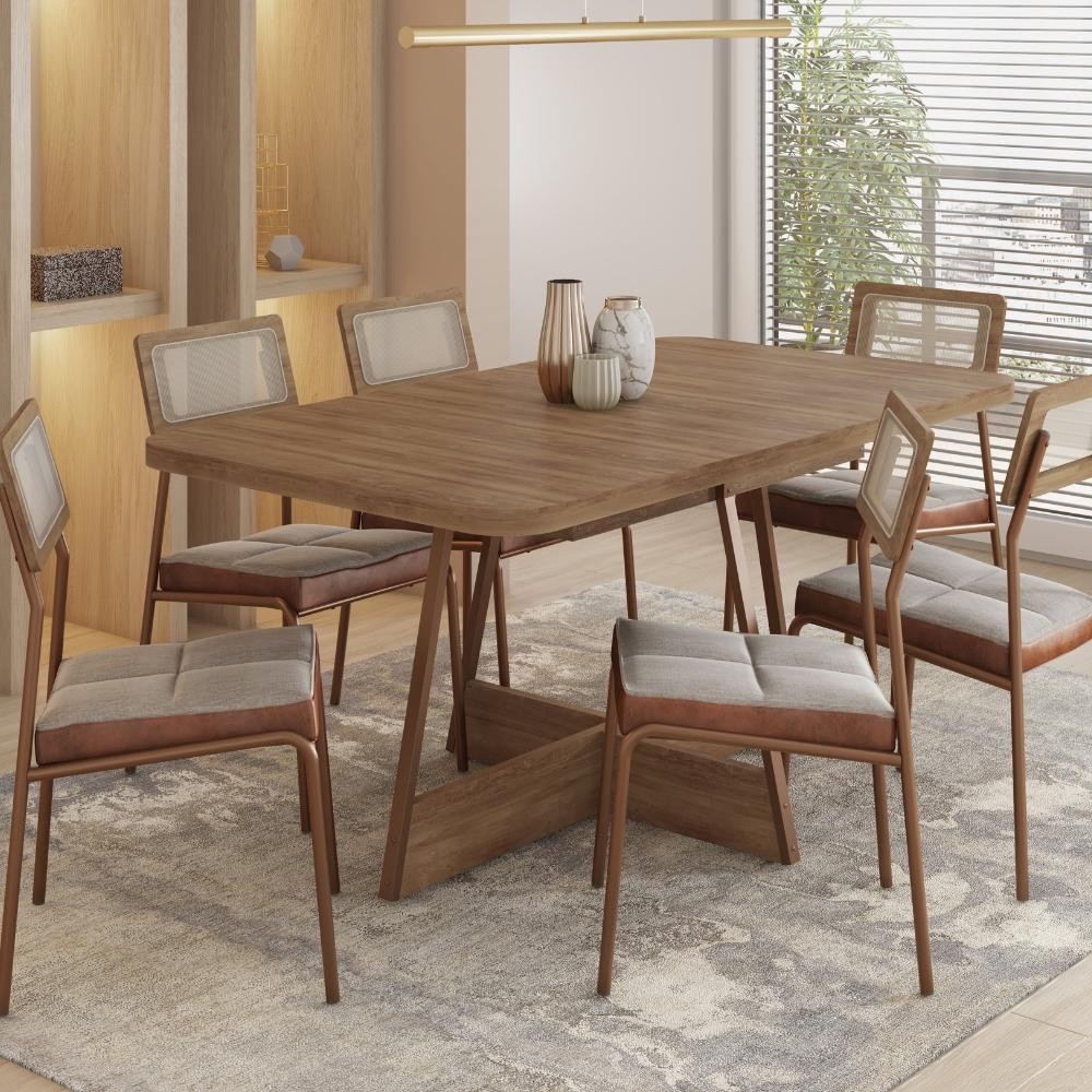 Conjunto Sala de Jantar Filadélfia 6 Cadeiras Carraro Areia/Rose/Nogal em Oferta na Shopee