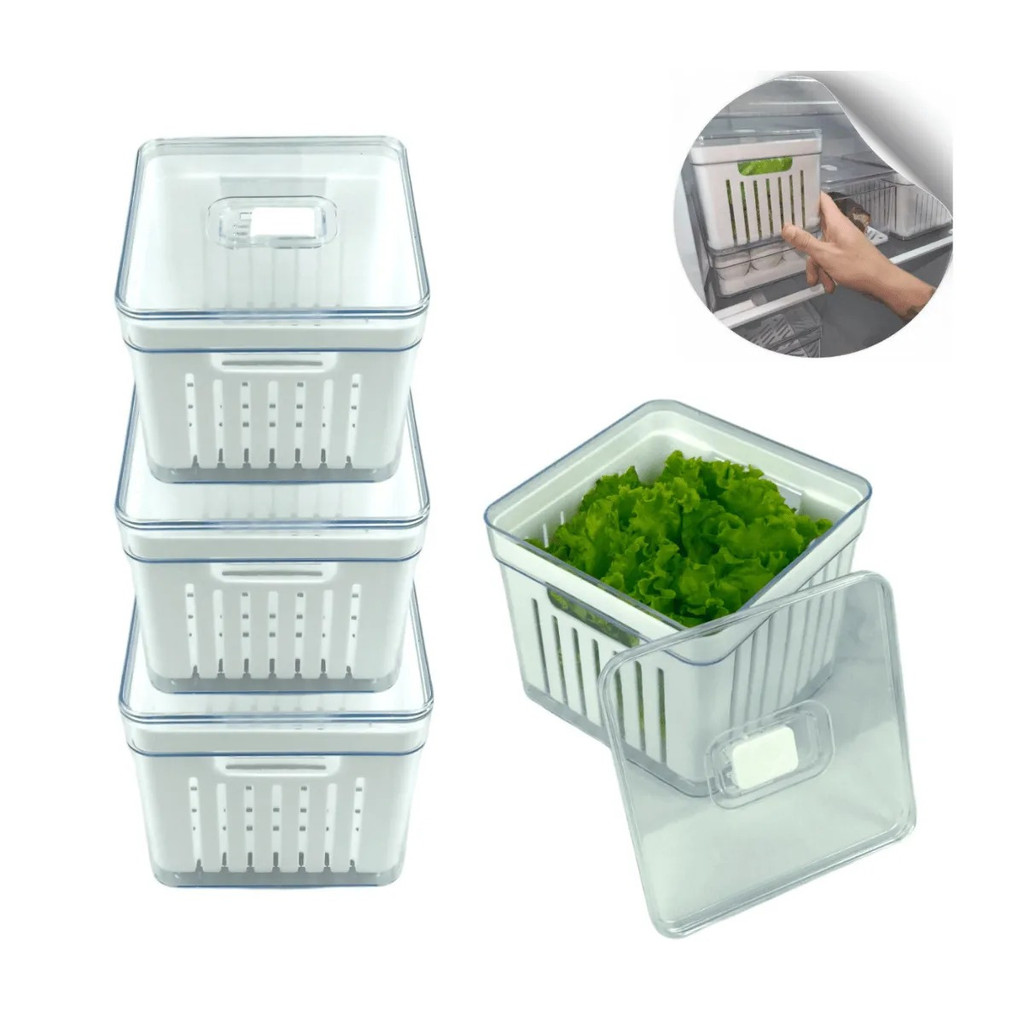 Organizador de Geladeira 2,8 Litros Cesto Com Tampa Multiuso Alimentos Verduras Frutas Vegetais