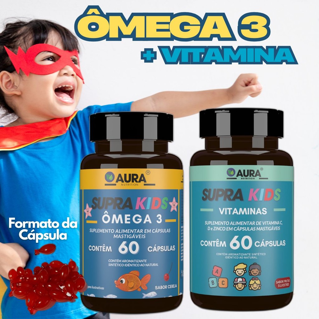 Vitamina C , D e Zinco Infantil Supra Kids + Ômega 3 Supra Kids 60 Cápsulas- Aura Nutrition em Oferta na Shopee