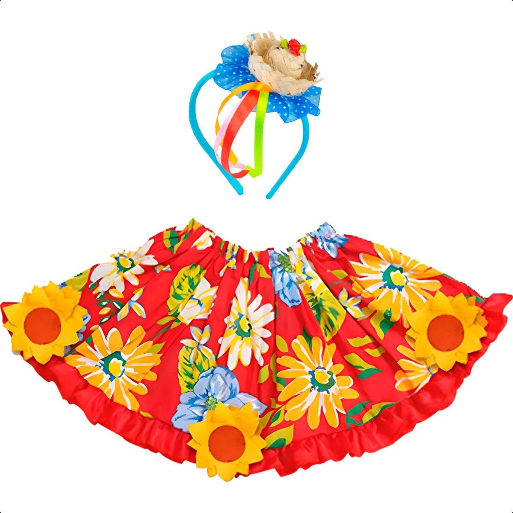 Saia de Festa Junina Feminina Florida Adulta + Tiara Caipira em Oferta na Shopee