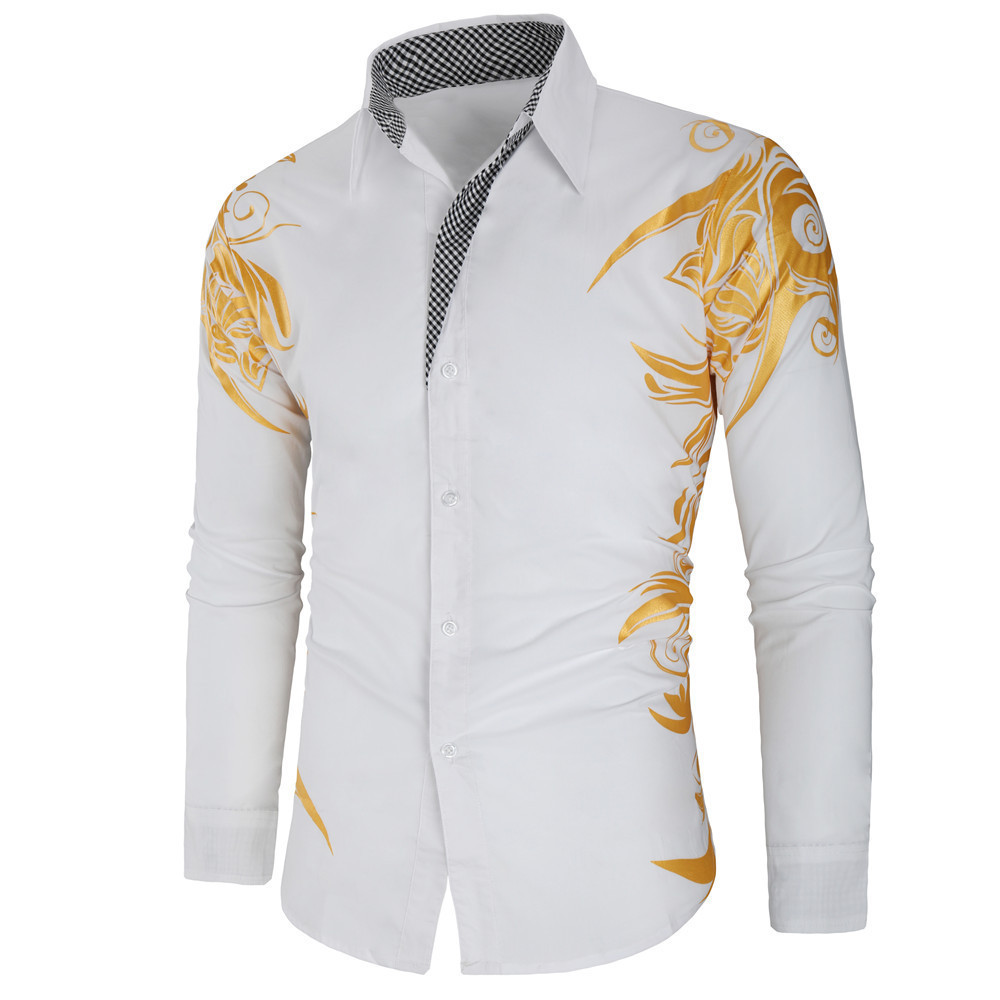 Moda masculina dourada estampada camisa masculina de manga comprida