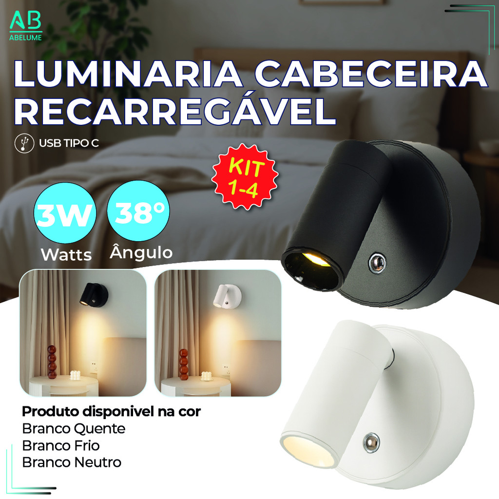 Arandela Spot Luminária Cabeceira Recarregável Led Redonda 3W com 3 Tons de Luz Bivolt