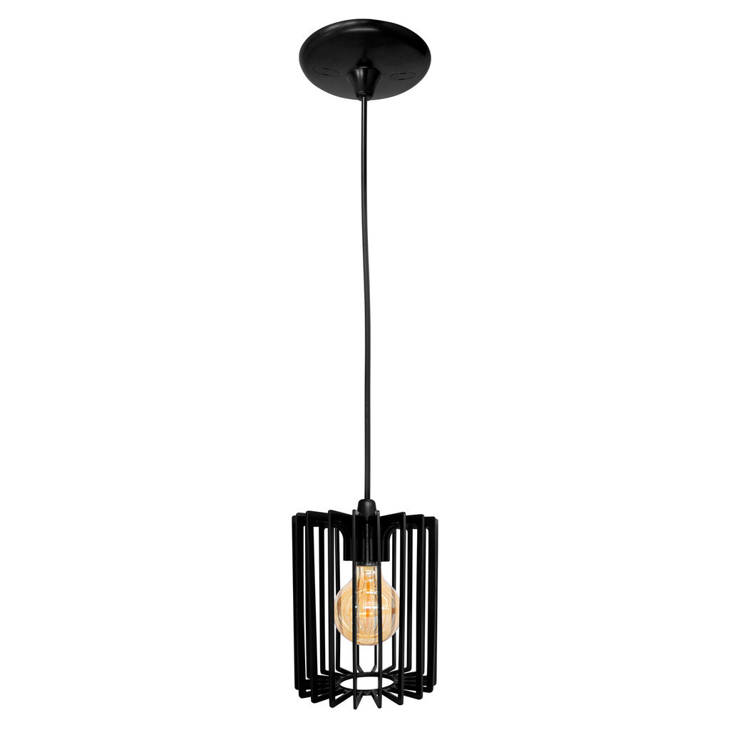 Lustre Pendente Cilindro Preto com Canopla Redonda para Iluminação