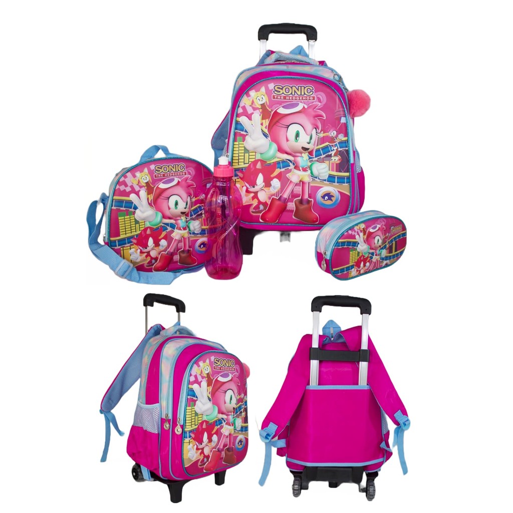 Kit  Mochila Amy Rose Rosa Sonic de Rodas Infantil Rodinha Carrinho Garrafa Lancheira Estojo Menina Feminina Escolar