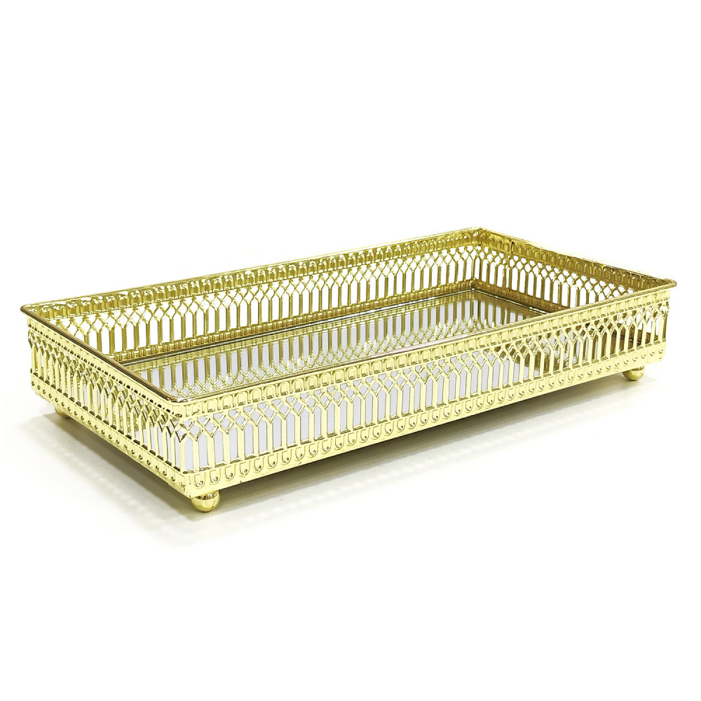 Bandeja com Espelho em Metal Dourado Decorativa 24x13cm