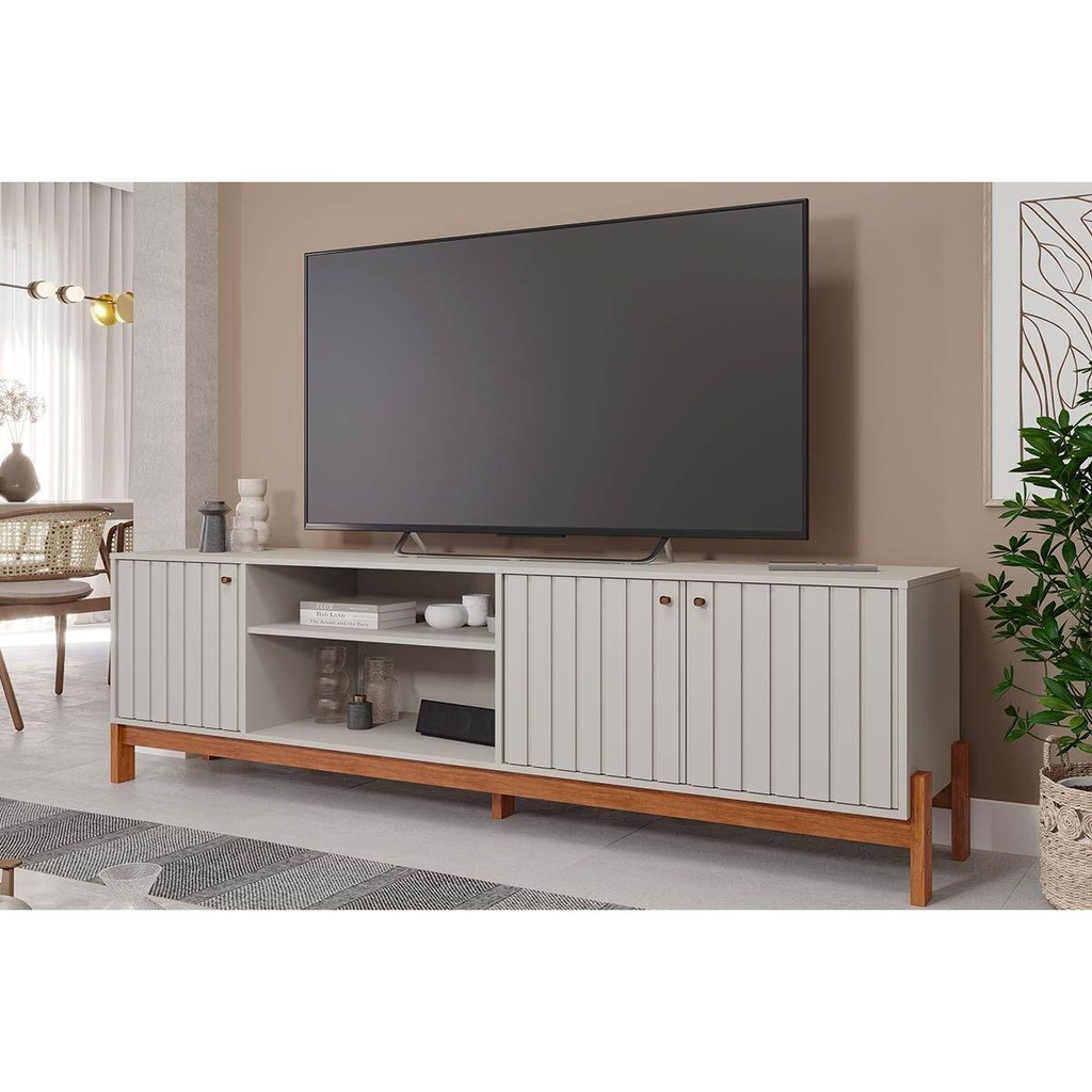 Rack Bancada p/ TV até 70 pol Holanda 100% MDF c/ 3 Portas 205cm Off White/Cinamomo - Permóbili - Home & Living