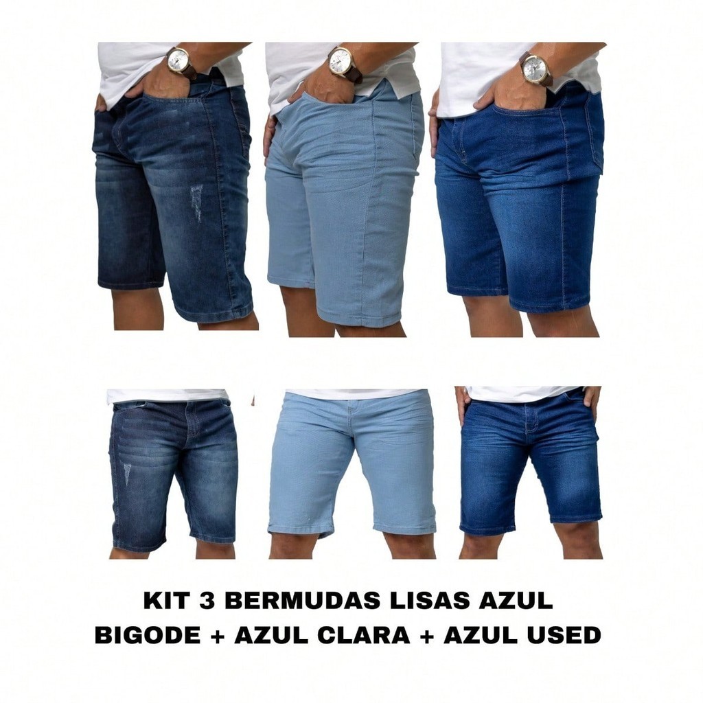 Kit 3 Bermuda Masculina Jeans Elastano Premium 1 Azul Clara + 1 Azul Bigode + 1 Azul USED |  Jeans Dias dos Pais em Oferta na Shopee