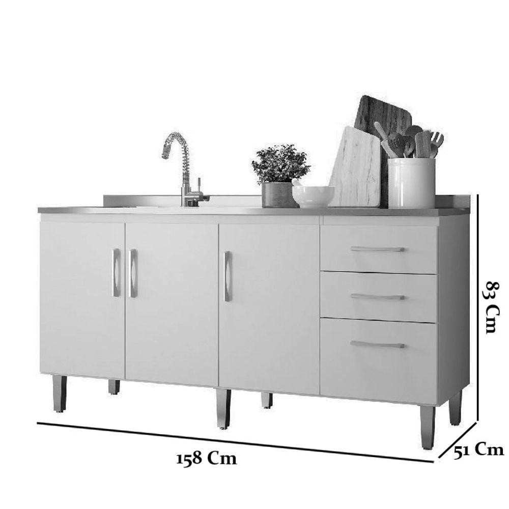 Detalhes do Balcão Pia Cozinha Branco Maisa 160cm 3 Portas 3 Gavetas Sem Tampo