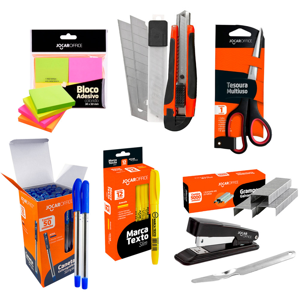 Kit Material Escritório Home Office Tesoura/Grampeador/Marca Texto/ Caneta Jocar Office