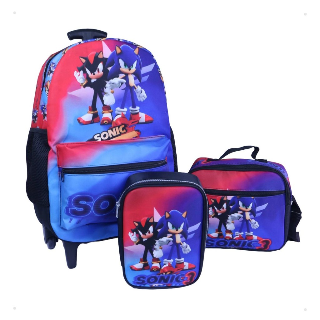 Kit Mochila Rodinha Lancheira + Estojo Box 100 Pens Sonic 3 Volta as Aulas