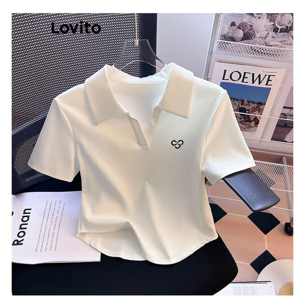 Detalhes do (Trendy) Lovito Camiseta Casual Com Bordado Liso Para Mulheres LNE51076 (Multicolorido)