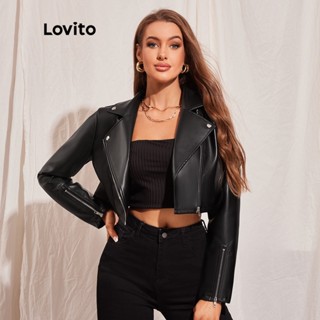 Lovito Casual Jaqueta Feminina Moto Lisa De Couro PU Com Zíper Gola De Lapela L45LD008 (Pr...