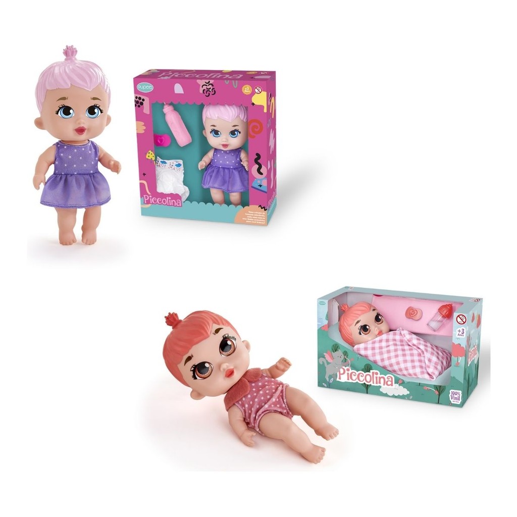 Kit 2 Bonecas Piccolina com Acessórios Faz Xixi e Sonequinha Articuladas Pupee Brinquedo Interação