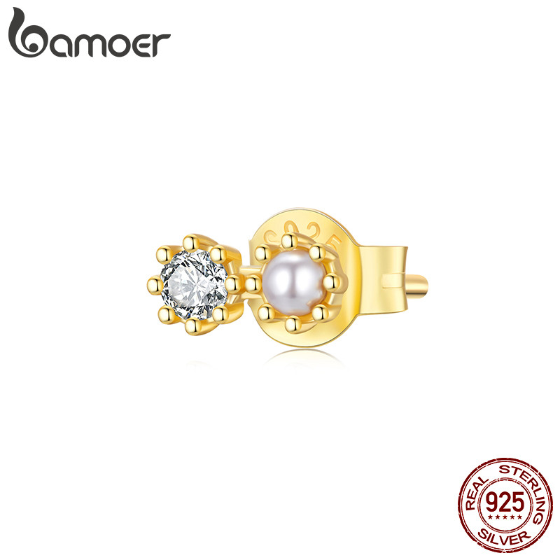 Bamoer 925 Prata Esterlina 1 Peça De Brinco Ouro Mini Contas De Concha Joias Presente Feminino