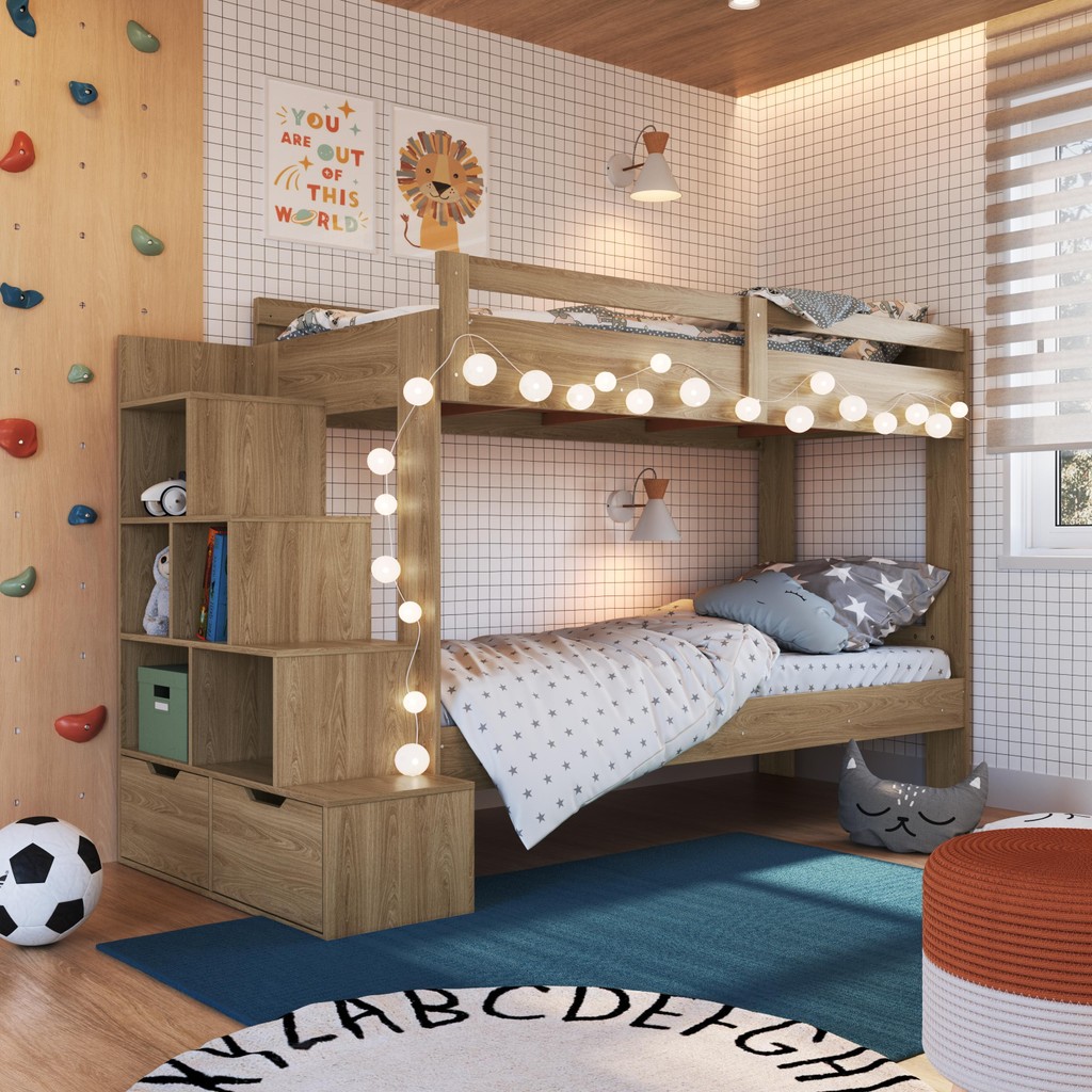 Cama Beliche Infantil Bicama Menino Menina 2,32m com Escada, Nichos e Gavetas Aveiro Oak - Home & Living