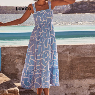 Lovito Casual Vestido Bata Feminino Simples Estampa Geométrica LNE35100 (Azul)