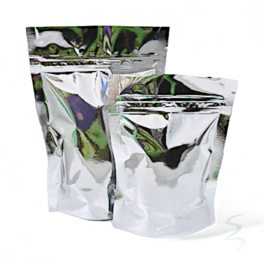Kit 50 Sacos Laminados Metalizados Prata Stand Up Pouch 250 ml (10x20 cm) com Fecho Zip - 10x20 cm - Ideal para Alimento