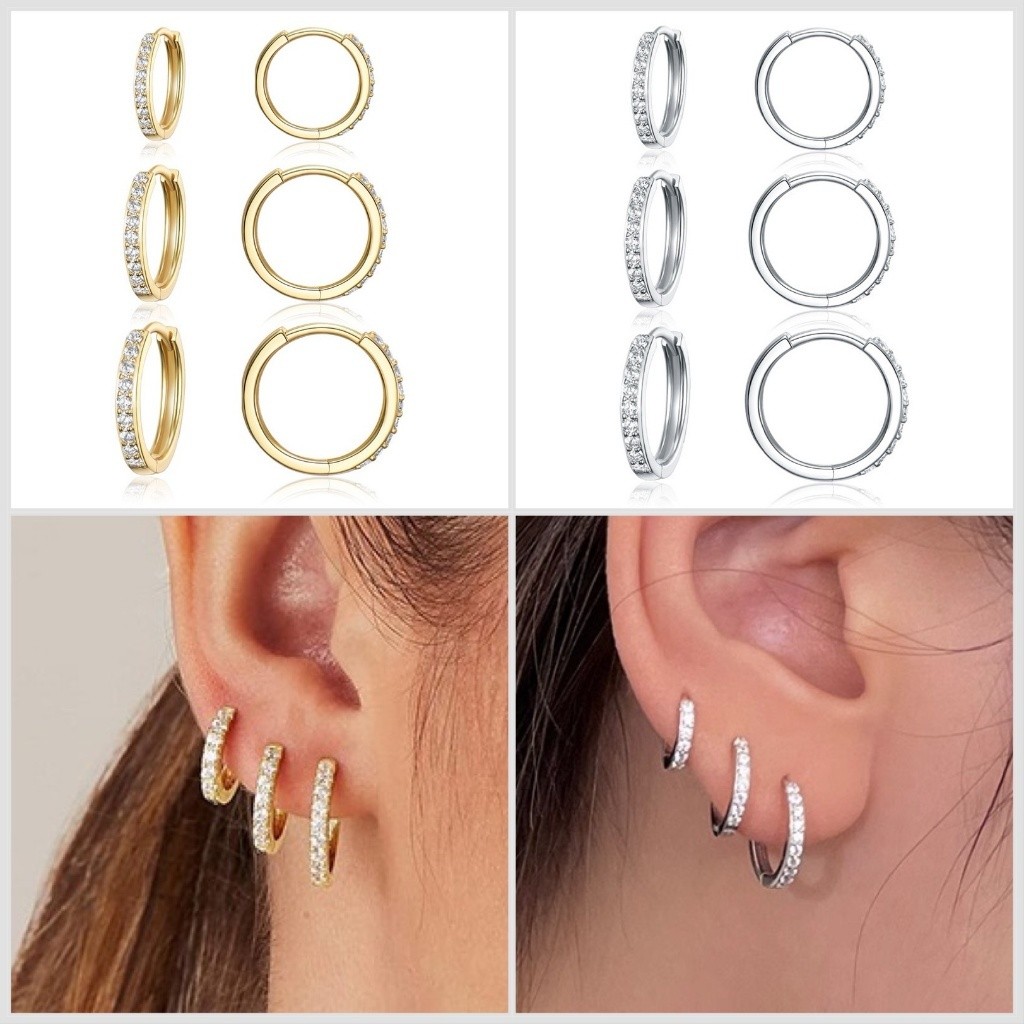 Brinco Trio Argola de prata esterlina brincos simples de argola zircônia esterlina antialérgica joias finas em Oferta na Shopee