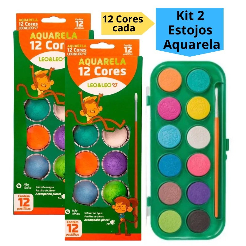 Kit 2 Estojo Aquarela 12 Cores Tinta e Pincel Para Personalizar Uso Infantil Escolar Artístico Leo&Leo em Oferta na Shopee