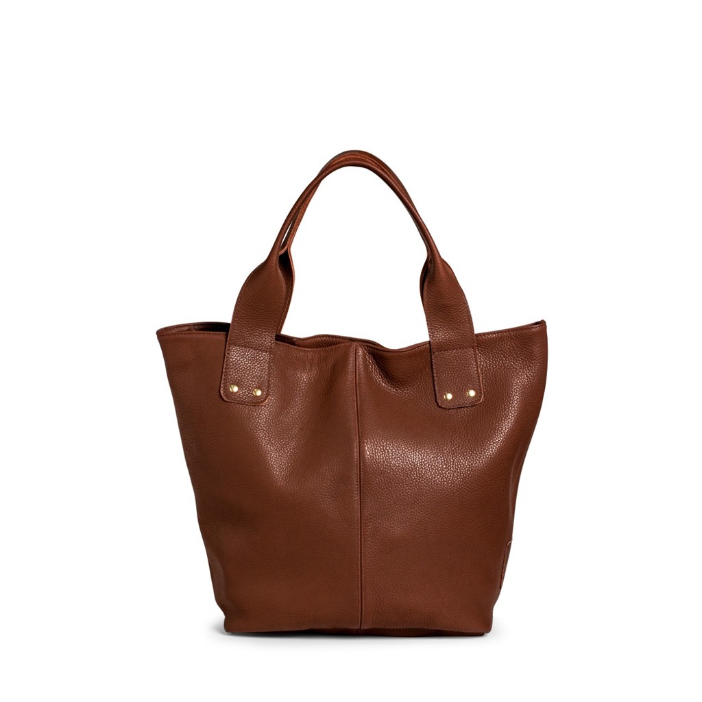 Bolsa Grande Feminina Couro Legítimo Alça de Ombro Sacola Fechamento Botão Cor Marrom