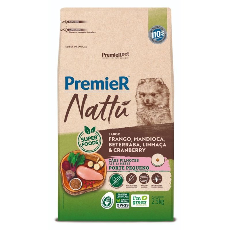 RAÇÃO PREMIER NATTU CÃES FILHOTES RAÇAS PEQUENAS FRANGO E MANDIOCA 2.5KG