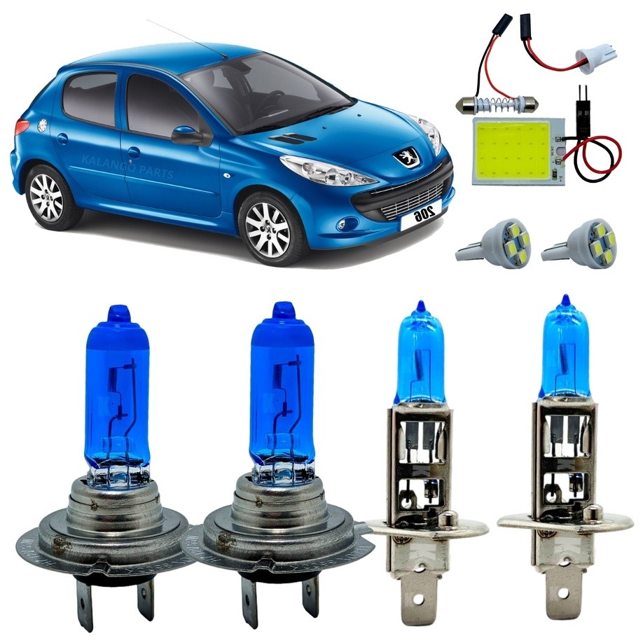 Kit Lâmpadas H7 H1 Super Branca 8500K Alto Baixo Peugeot 206 2004 A 2008 Torpedo De Teto + T10