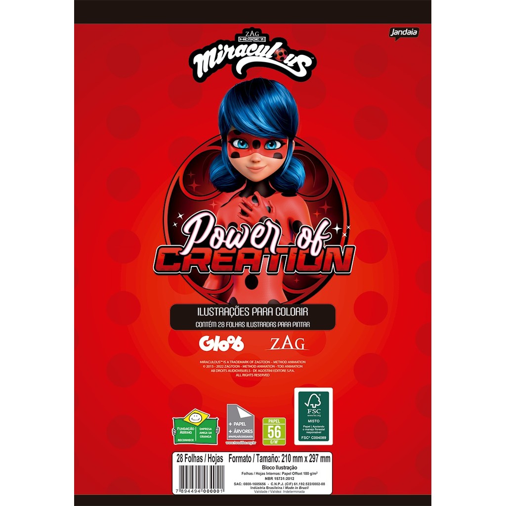 Folhas Ilustração 180g A4 28F Miraculous Jandaia - 1 Bloco