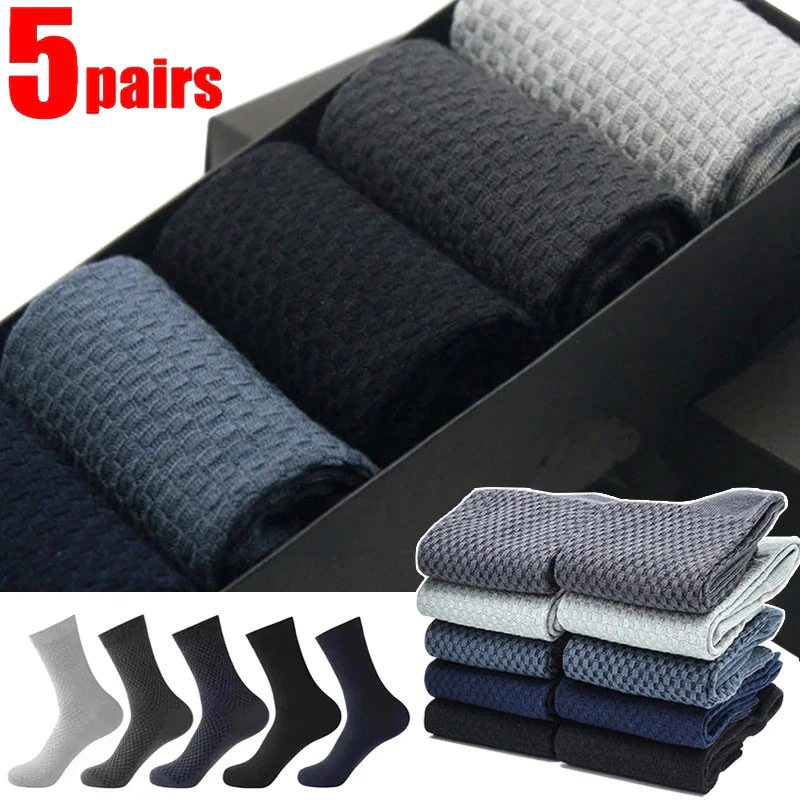 5 Pares Homens Meias De Fibra De Bambu Tripulação Alta Qualidade Primavera Inverno Negócios Respirável Masculino Vestido