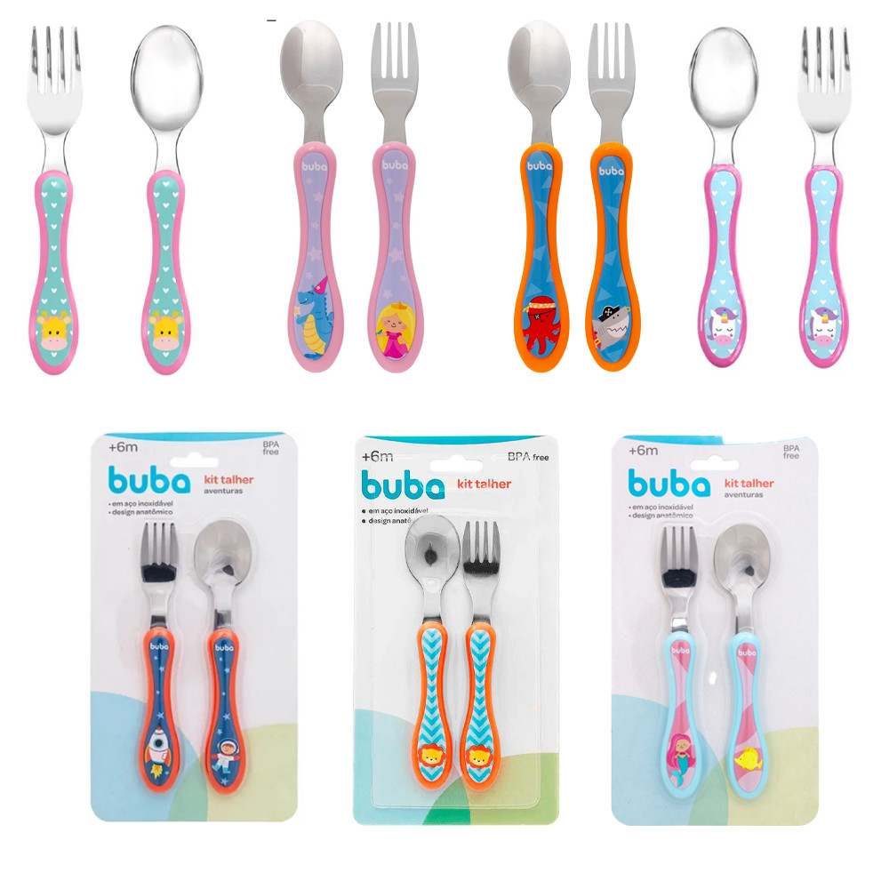 Kit Talheres Anatômicas em Aço Infantil Buba em Oferta na Shopee