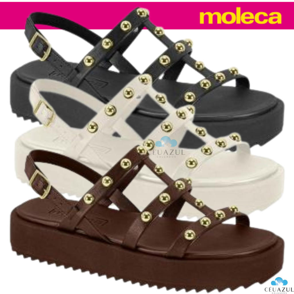 Sandália Feminina Moleca Plataforma Aplicações Douradas Conforto Estilosa