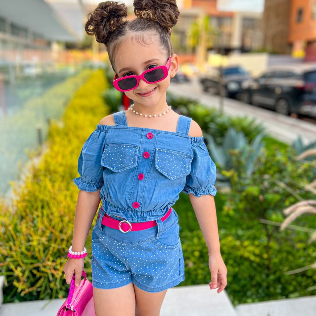 Conjunto Jeans Mini Diva Infantil Menina Blogueirinha - short cropped Festa Botão Manguinha Feminino