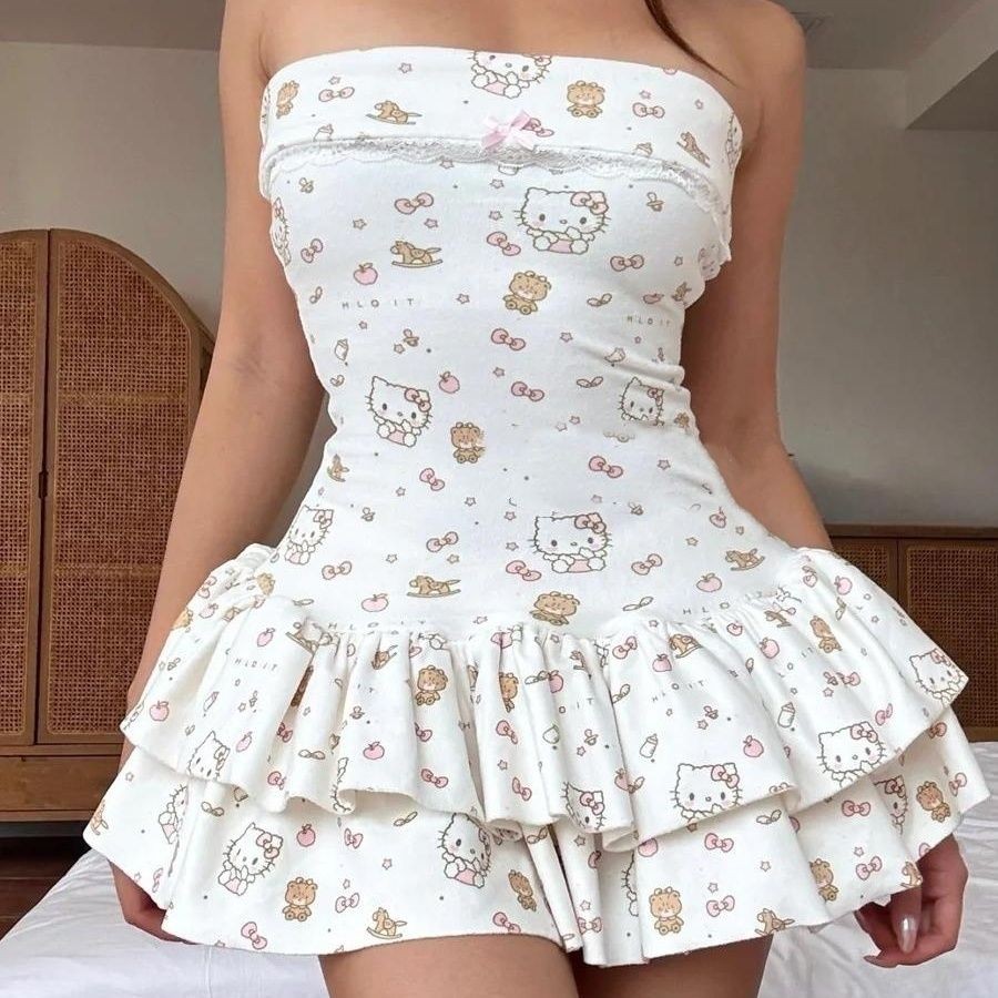 Saia Feminina Com Estampa De Gatinho Sem Alças Fashion Doce Vestido De Bolo Evasê em Oferta na Shopee