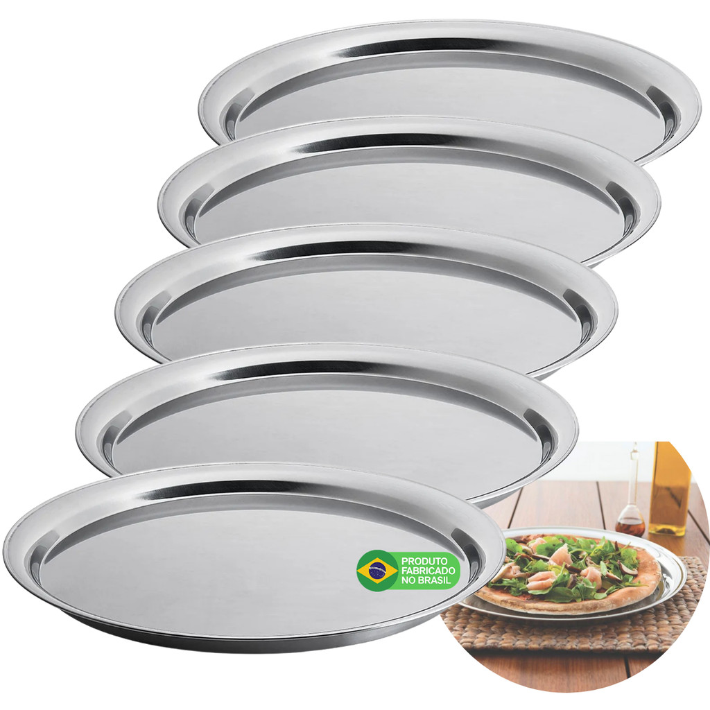 Bandeja Travessa Rasa Redonda de Aço Inox 29x3cm Multiuso Bar Restaurante Buffet Kit 5 Unidades