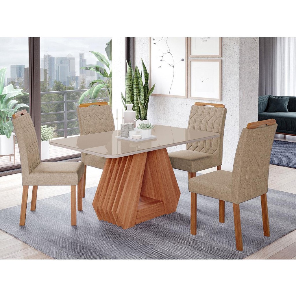 Conjunto de Mesa de Jantar Tampo de Vidro OffWhite Agata 4 Cadeiras Paola Madeira Cinamomo Bege