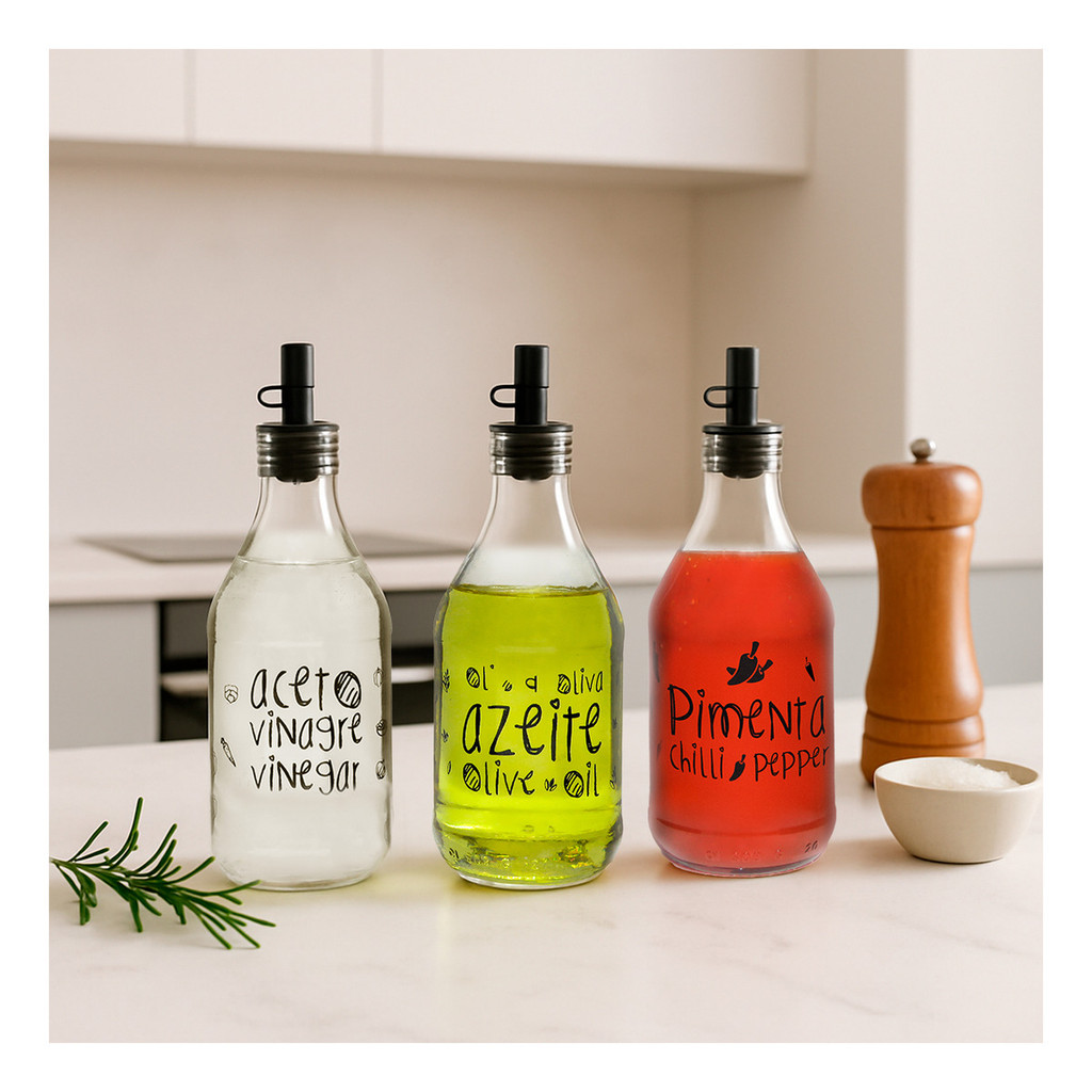 Kit C/ 3 Galheteiro 200ml - Azeite/vinagre/pimenta - Grafite