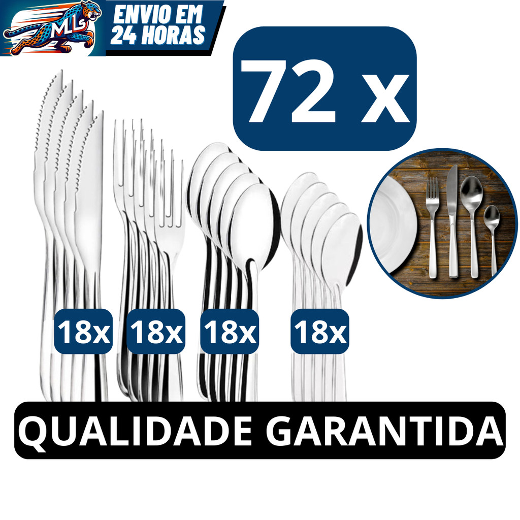Jogo De Talheres 72 Peças Aço Inox 18 Facas 18 Garfos De Mesa 18 Colheres E 18 Colheres De...