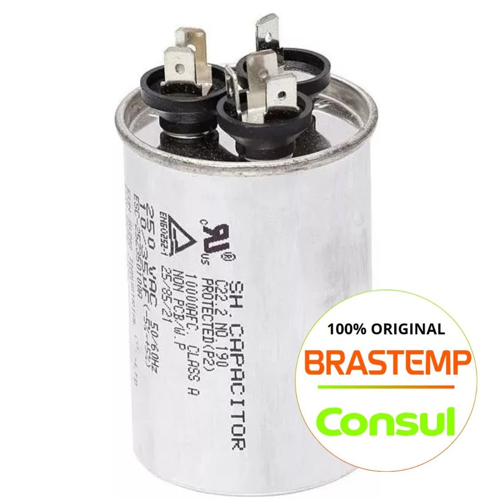 CAPACITOR 35 + 10µF 250V DUPLO PARA AR CONDICIONADO BRASTEMP/CONSUL ORIGINAL CCM12DBBNA-CCZ12DBBNA-CCC07D