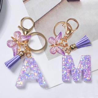 Criativo Estrela Lantejoulas Cheias 26 Letras Chaveiro Moda Roxo Borboleta Borla Pingente Feminino Saco Ornamentos De Ca