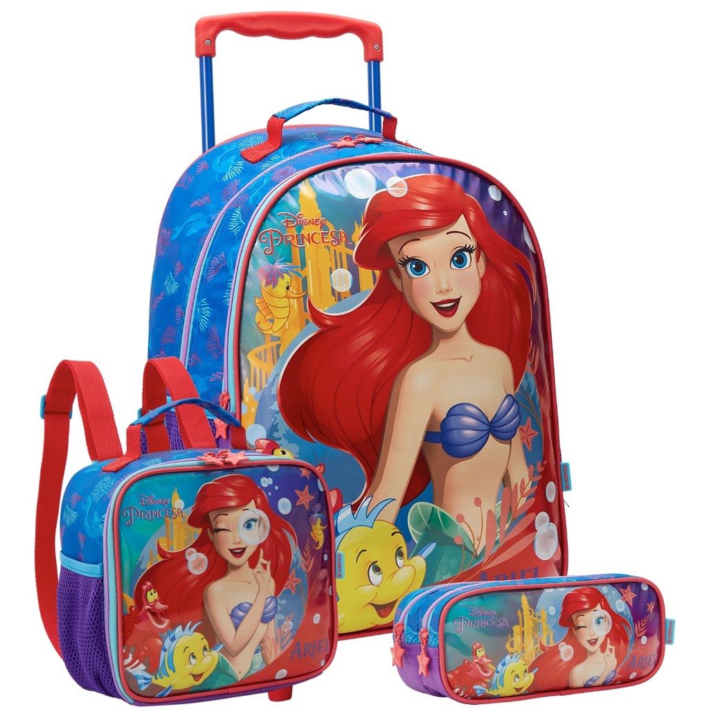 Kit Mochila Rodas 16" Ariel Sereia Lancheira Estojo Escolar em Oferta na Shopee