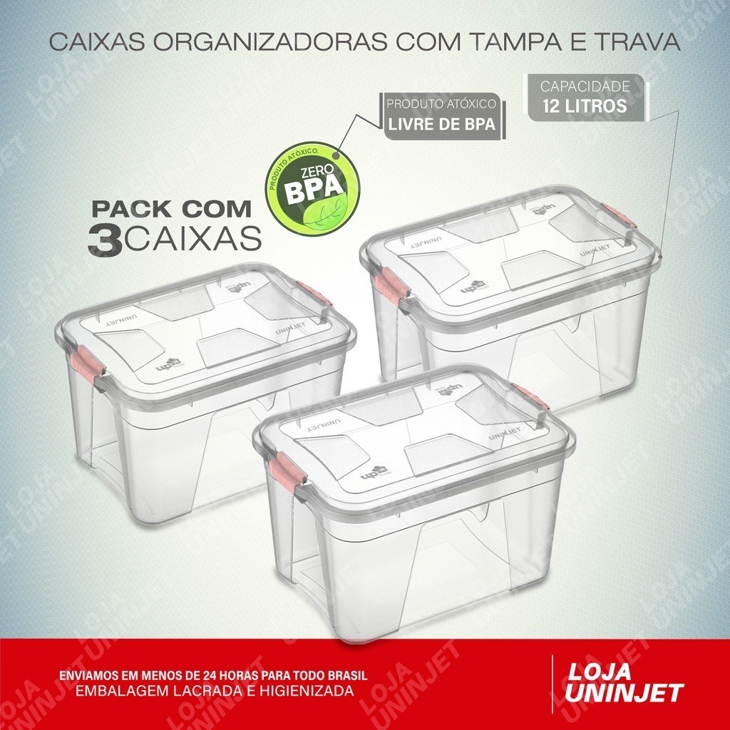 Kit Com 3 Caixas Organizadoras Transparente 12 Litros Organizacao Cesto Casa Elegante Brinquedos