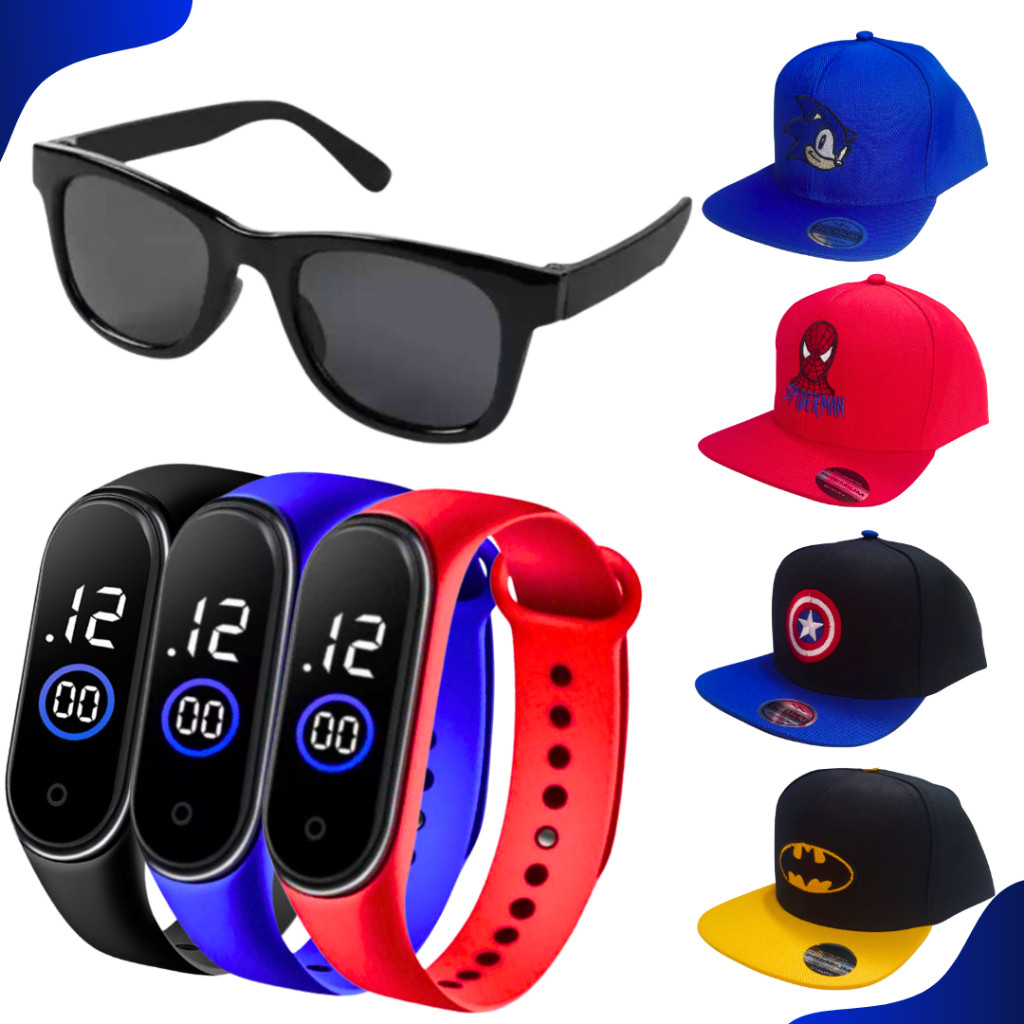 Conjunto Infantil Óculos Chapéu Boné Relógio Super Heróis Homem Aranha Batman Sonic Capitão América