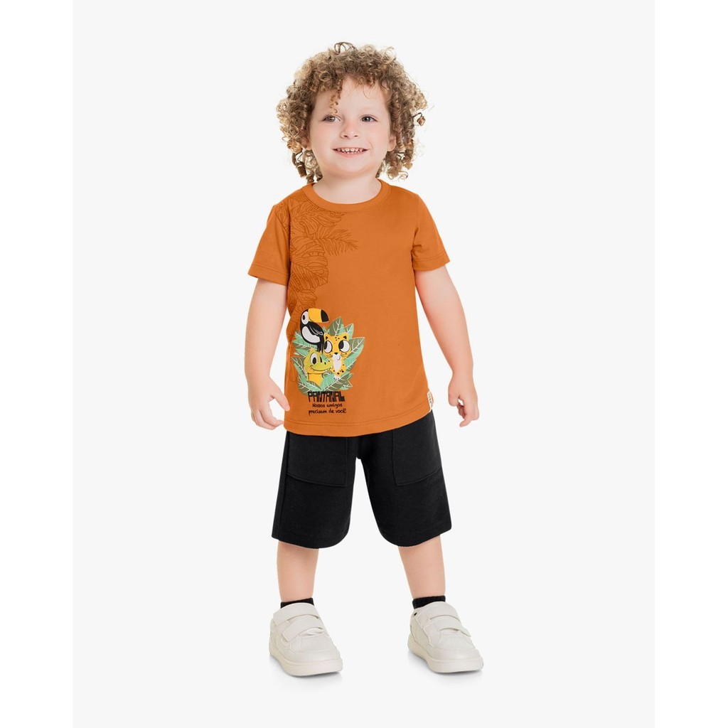 Conjunto Infantil Masculino Camiseta Estampa Pantanal e Bermuda  Carrot  1 a 3 anos
