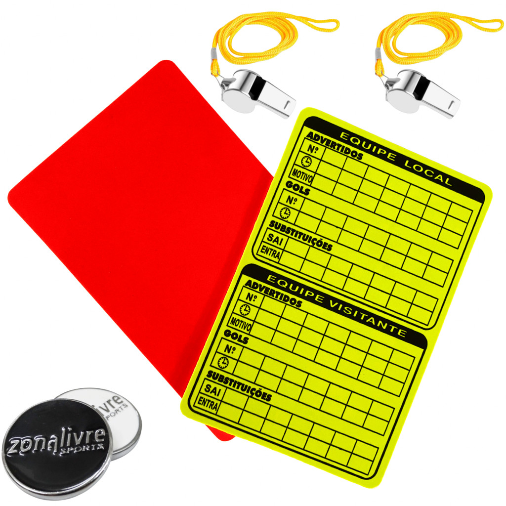 Kit Arbitro Futebol Futsal 2 Apitos de Metal Cartão Amarelo Vermelho Moeda Cara Coroa