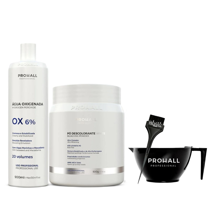 Kit Prohall Pó Descolorante Branco Abre até 9 tons 500g + Ox 20 Volumes 900ml + Kit Aplicação