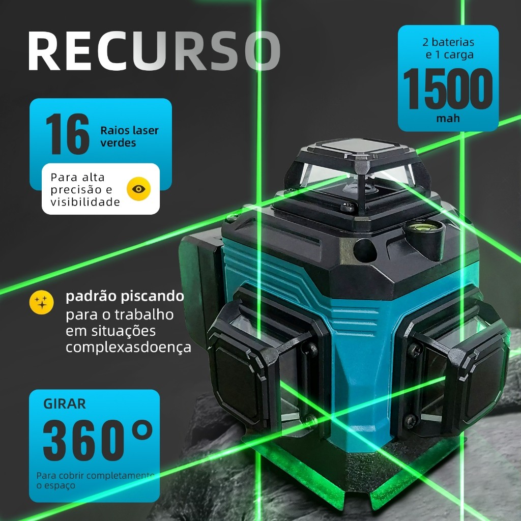 Nível Laser 16 Linhas Profissional Verde Nível 360° Auto-Nivelante 4D + Tripé 1.2m + 40m + 4000mAh Baterias*2 + Suporte em Oferta na Shopee
