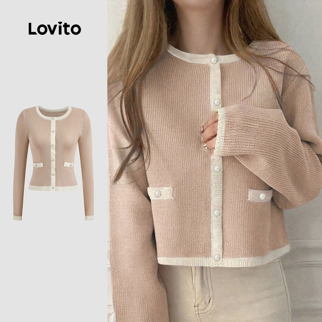Lovito Casaco elegante de bolso frontal com botão de ligação simples e contrastante para mulheres LBL22129 - Women Clothes
