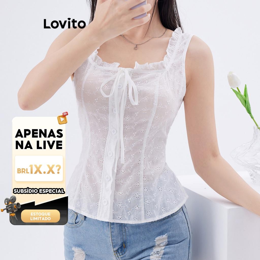 (LIVE STREAM SALE) Lovito Top casual liso com bordado de ilhós e amarração frontal para mulheres L105MD054 - Women Clothes