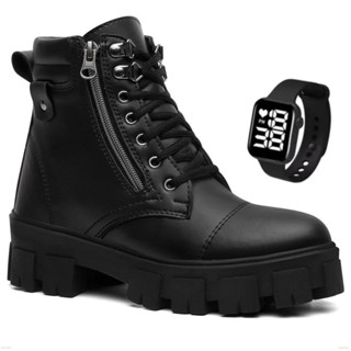 Coturno Tratorado Feminino Preto Bota Botinha Cano Curto Zíper Sola Alta Moda Blogueira Confortável + Relógio em Oferta na Shopee
