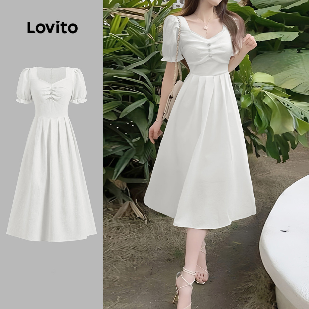 Lovito Vestido elegante liso plissado com botões para mulheres L128ED270 - Women Clothes