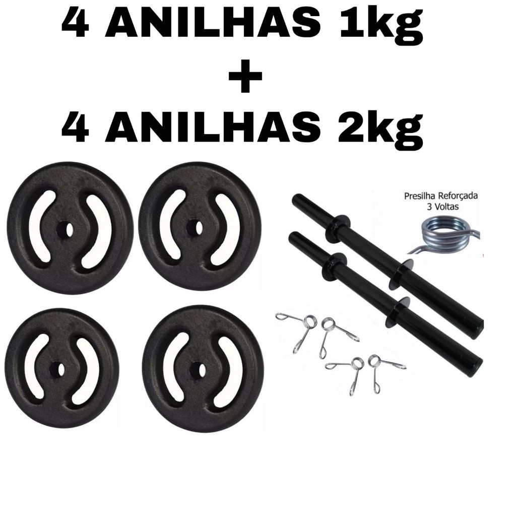 Kit 2 Barras Ocas 40cm com Presilhas + 4 Anilha 1kg + 4 Anilha 2kg | Halter De Peso Para Musculação